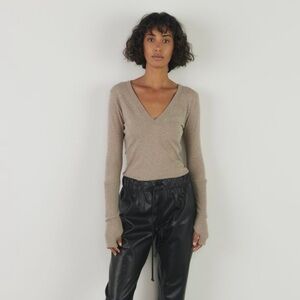 Enza Costa First Layer Cuffed V Neck in Beige